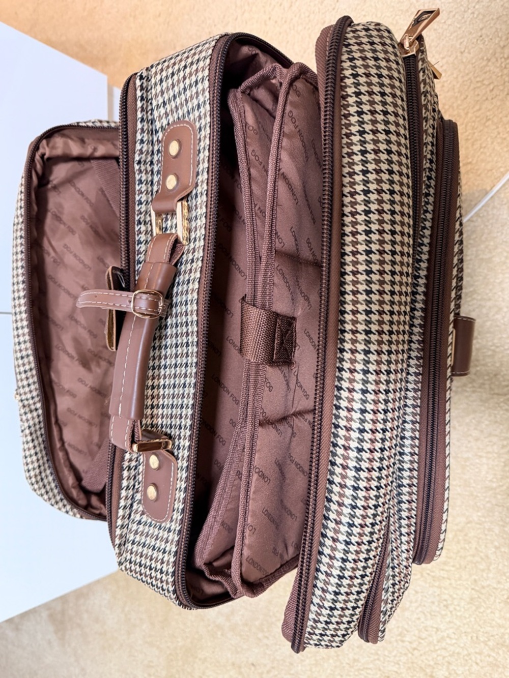 London Fog Classic Houndstooth Rolling Carry-On Bag - Brown - Picture 8 of 10